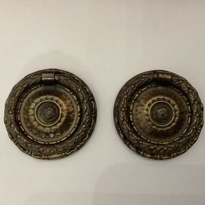 VTG Pair Victorian Brass 2" Wide Drawer Pulls with Leaf-style Rings
